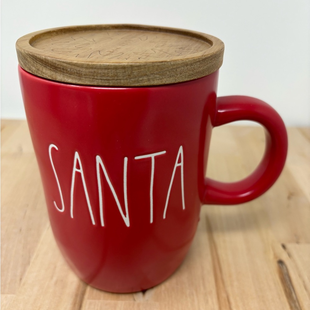 Rae Dunn SANTA Mug Red with Wooden Top and White Lettering New